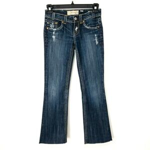 MEK Denim Women's Capri Bootcut Jeans Size 28 Dark Wash Distressed Red Stitching